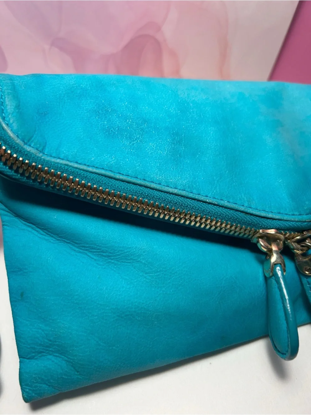 Henri Bendel Turquoise/Aqua Suede Fold Over Clutch Wristlet